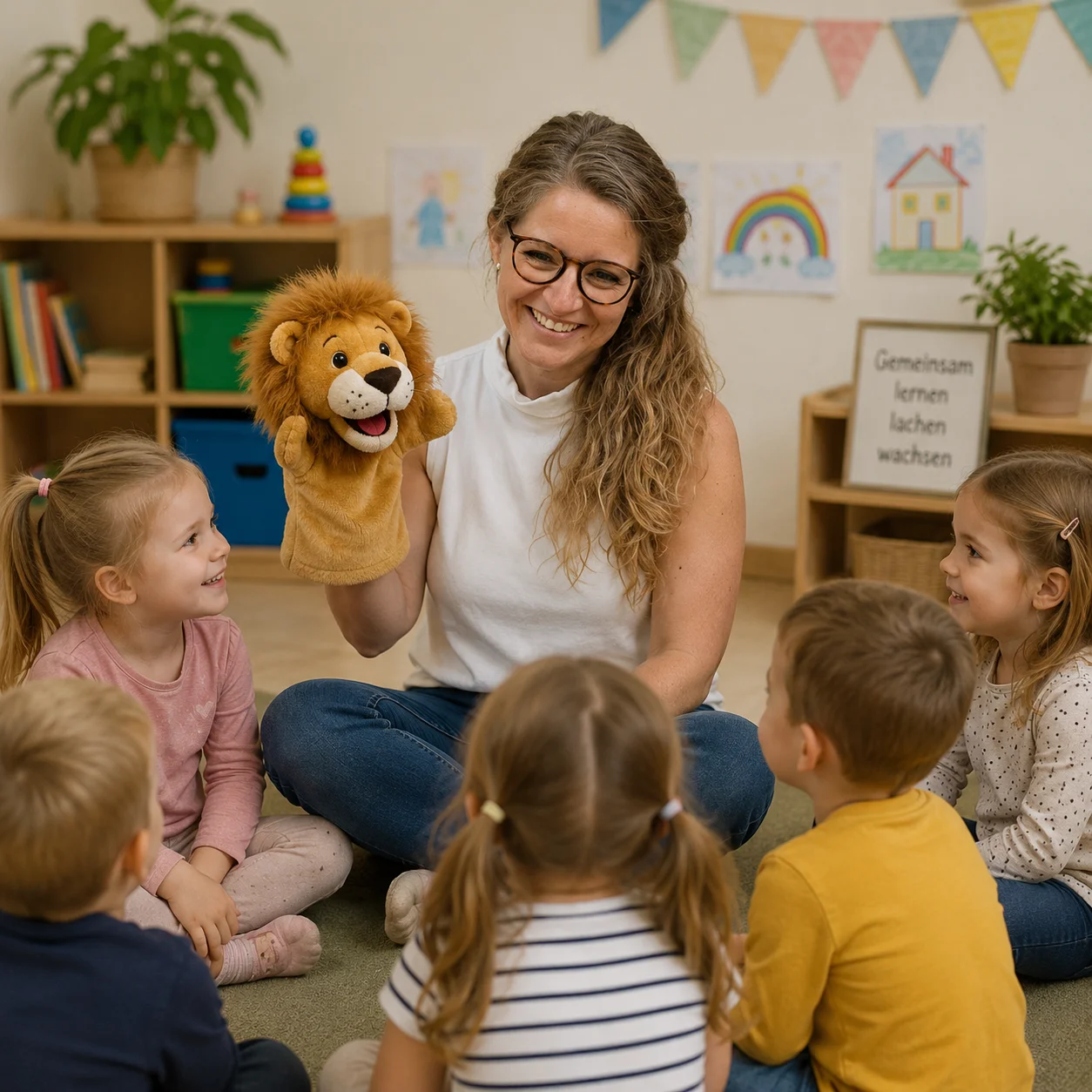 Heidi mit Löwenhandpuppe und Kindern
